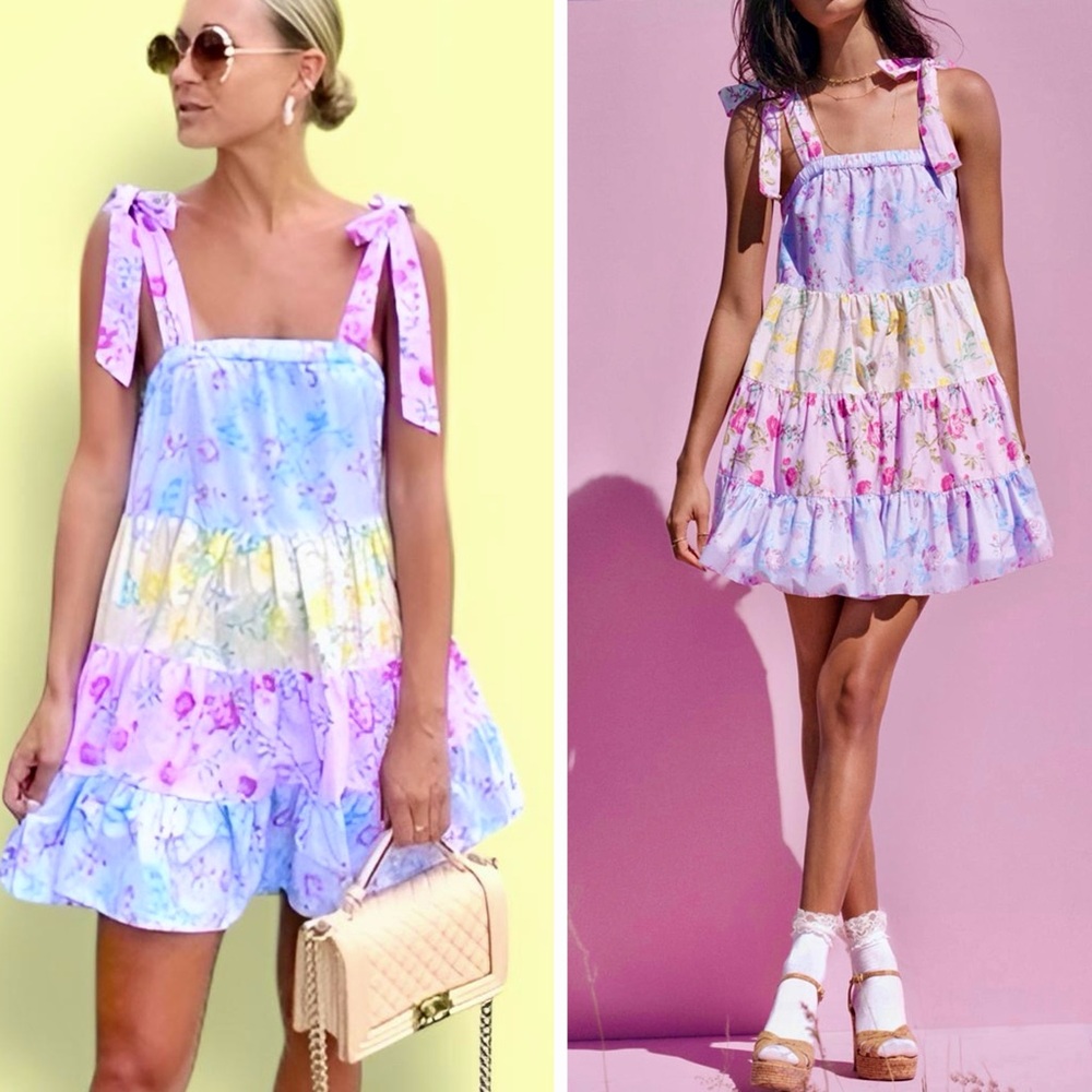LOVESHACKFANCY Jeanne Pastel Floral Tiered Bow Strap Mini Dress 100% Cotton ~MED